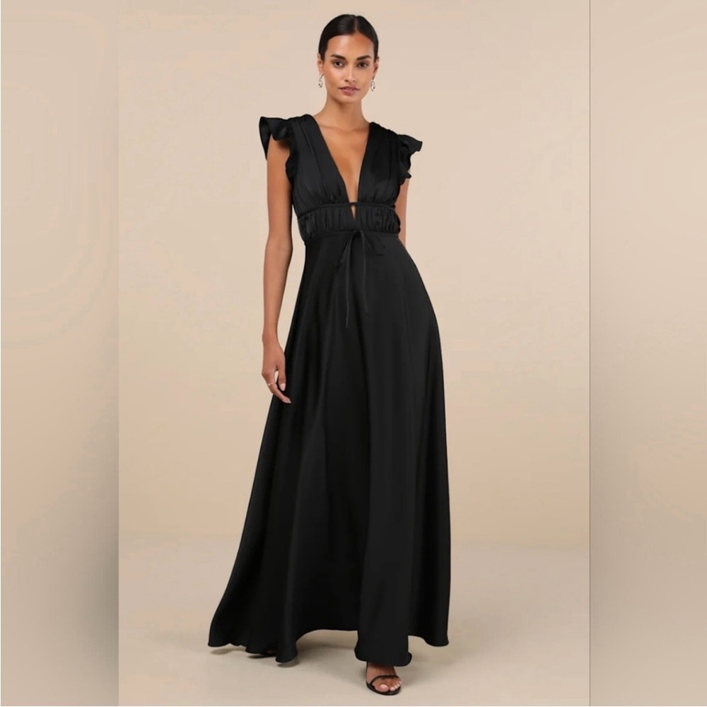 NWT Lulu's I'm All Yours Black Satin Cutout Ruffled Maxi Dress